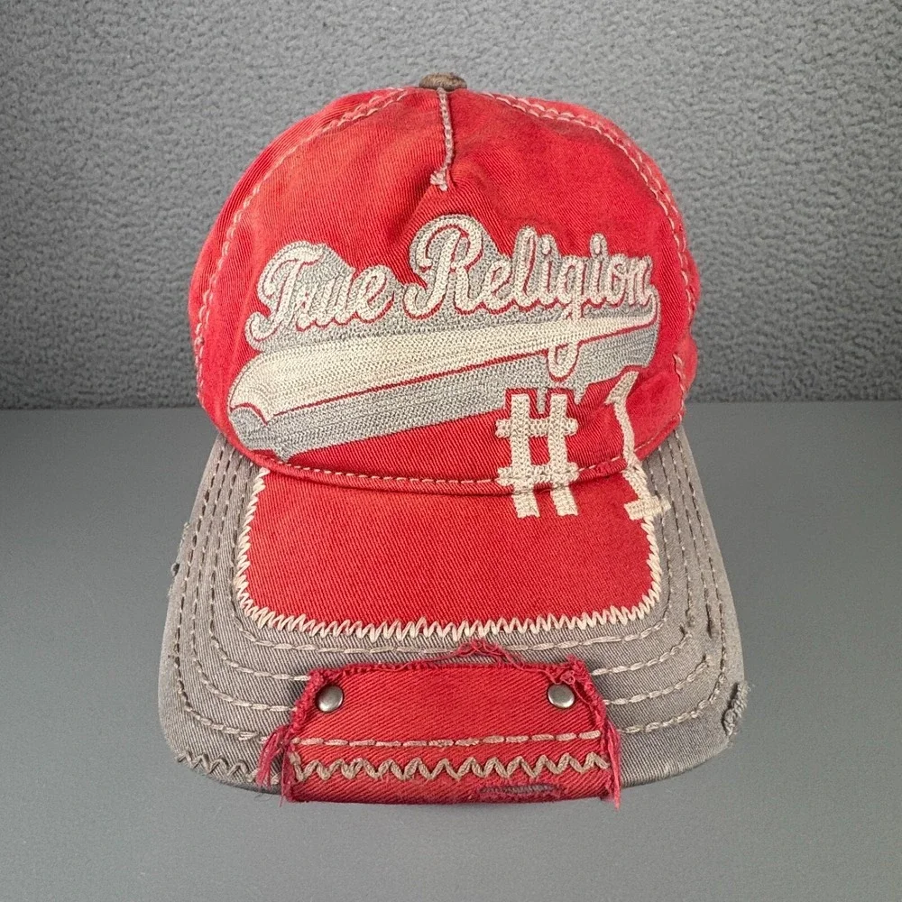 VTG True Religion Hat Mens Red Gray Distressed Y2K Buddha‎ Logo Baseball Cap